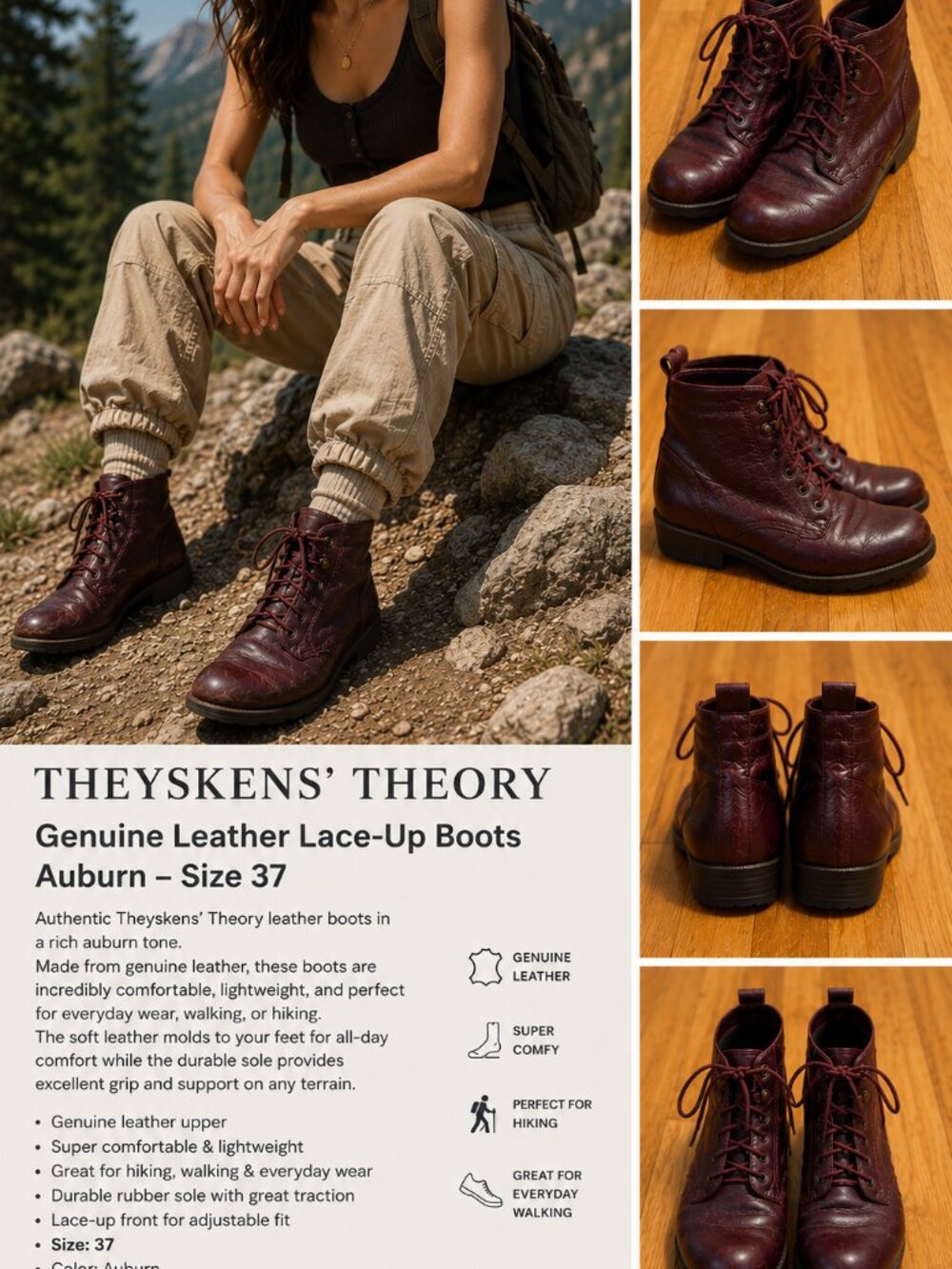 Theyskens' Theory Genuine Leather Lace-Up Boots Auburn Size 37